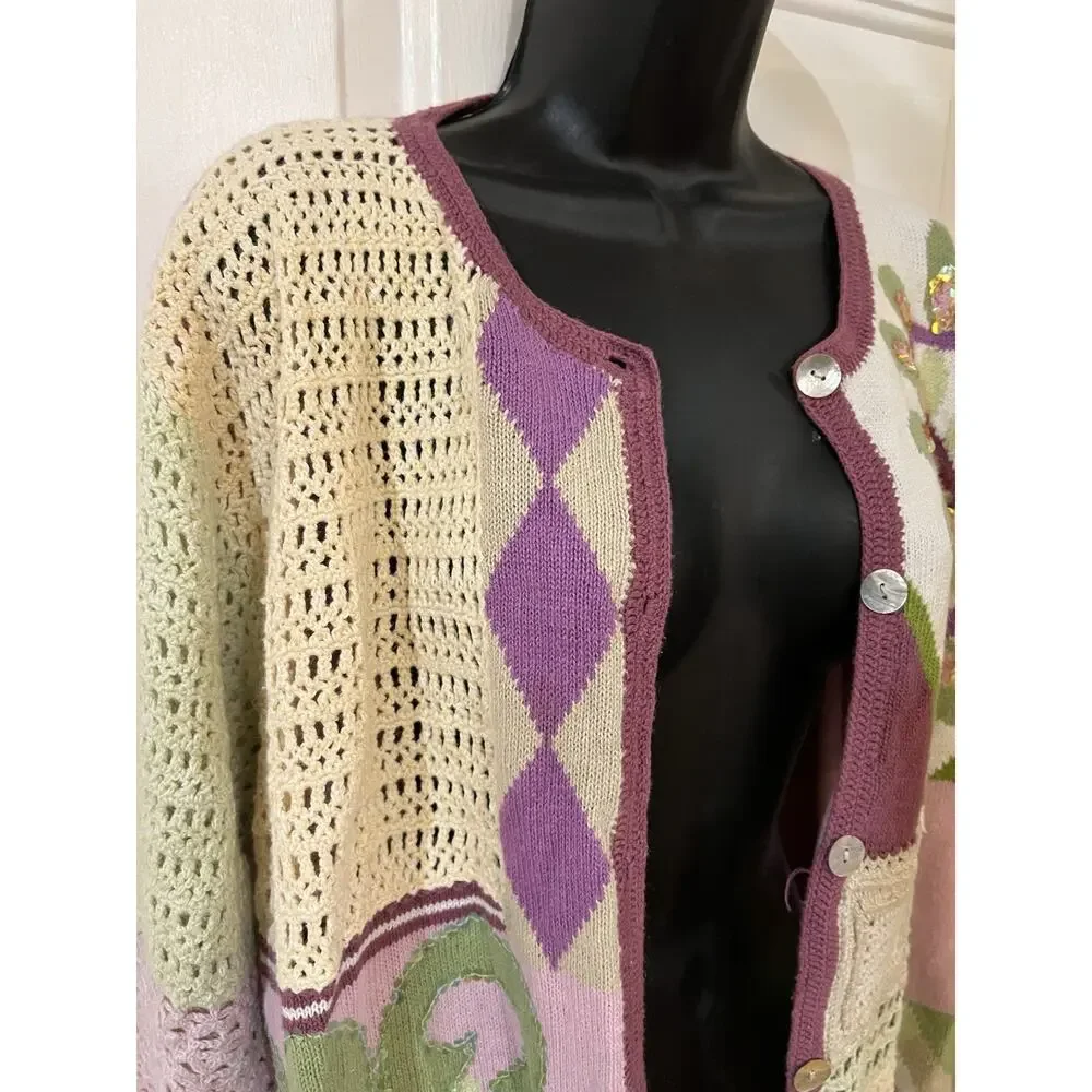 Vintage Storybook Knits Geometric Patchwork Cardigan Sweater XL Cottagecore - Picture 8 of 14